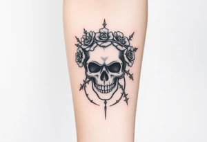 ornate skull adorned with crown of wild roses and thorns tattoo idea