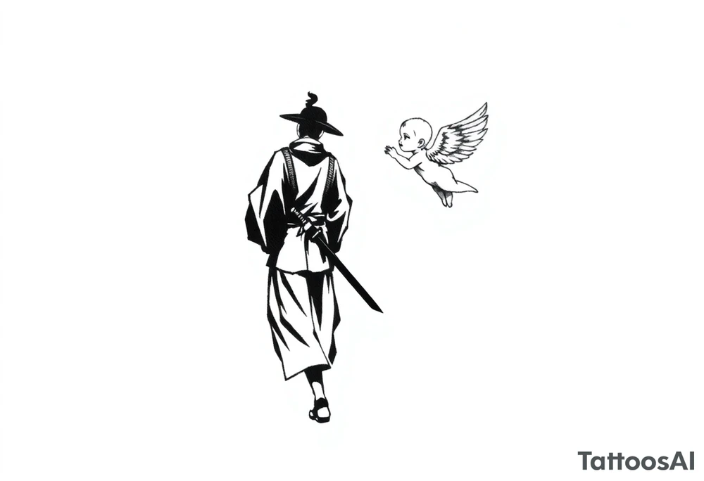 "Blackwork tattoo sketch of a lone samurai walking forward, shown in dramatic silhouette style. The samurai wears traditional kimono and hakama, holding a katana in one hand with the blade pointing downward. Behind him floats a small child angel with detailed feathered wings, gently touching the samurai’s back with one hand, as if stopping or guiding him. Strong contrast, dynamic ink splatter, rough brush strokes, Japanese sumi-e vibe, emotional and symbolic composition, high detail linework, no background." tattoo idea