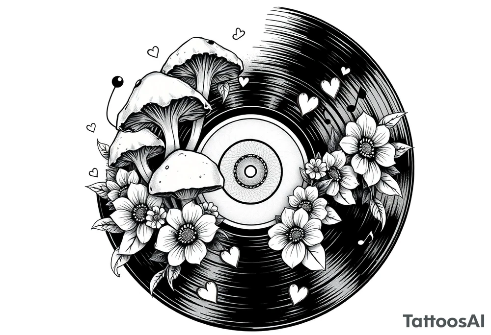 vinyl record with mushrooms, flowers, hearts, and music notes tattoo idea