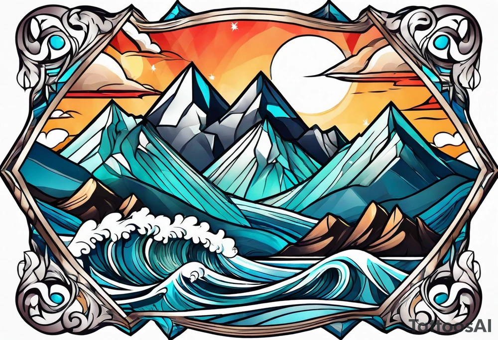 Mountains and ocean waves  crashing diamond shape tattoo idea