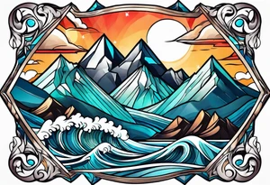 Mountains and ocean waves  crashing diamond shape tattoo idea