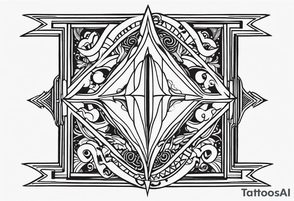 Bold geometric tapestry trident in colour on arm tattoo idea