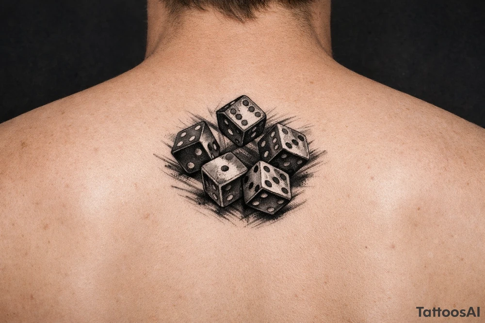 Five colorful dice tumbling mid-air, realistic style. tattoo idea