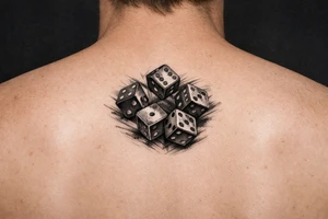 Five colorful dice tumbling mid-air, realistic style. tattoo idea