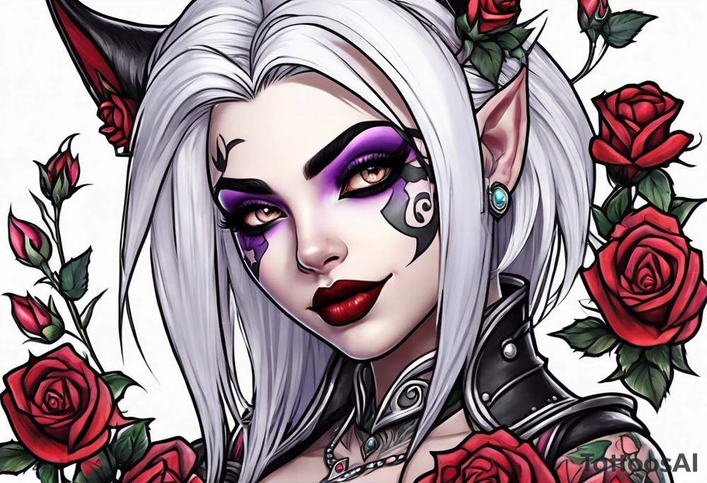 night elf from world of warcraft designed like harley quin with white hair and roses tattoo idea