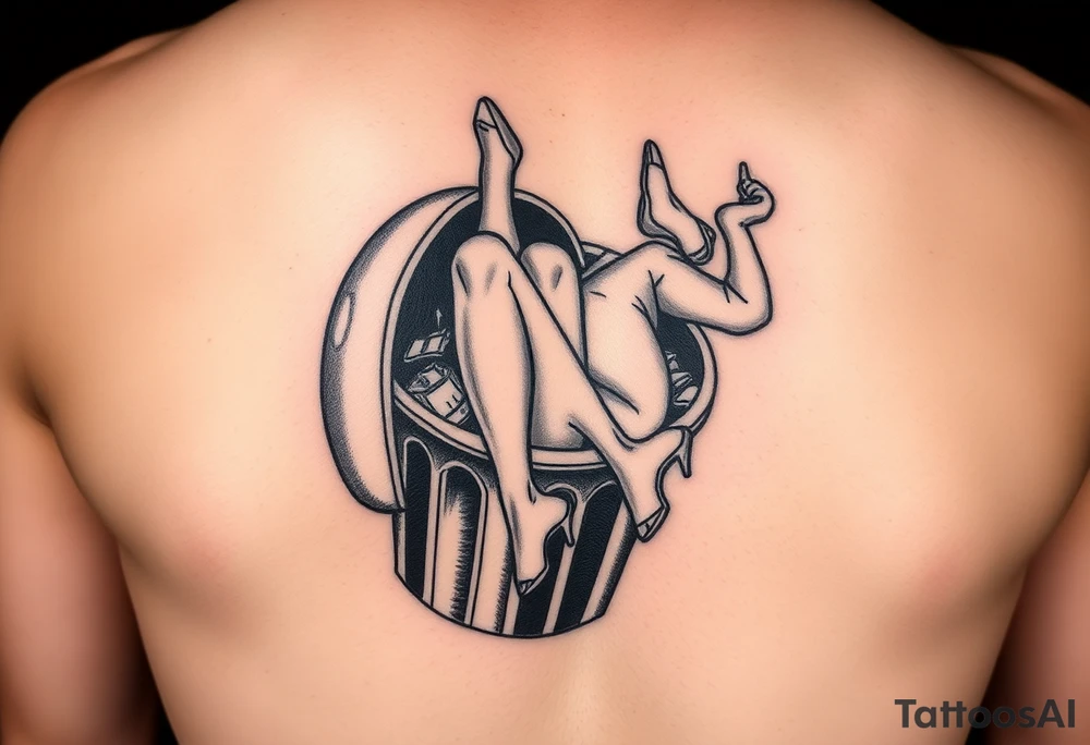 Prostitute hanging out of a trash can 
 dead with high heels and xs where her eyes are tattoo idea