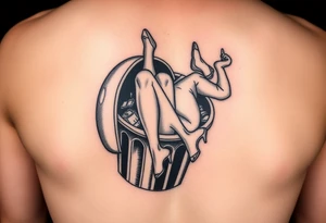 Prostitute hanging out of a trash can 
 dead with high heels and xs where her eyes are tattoo idea