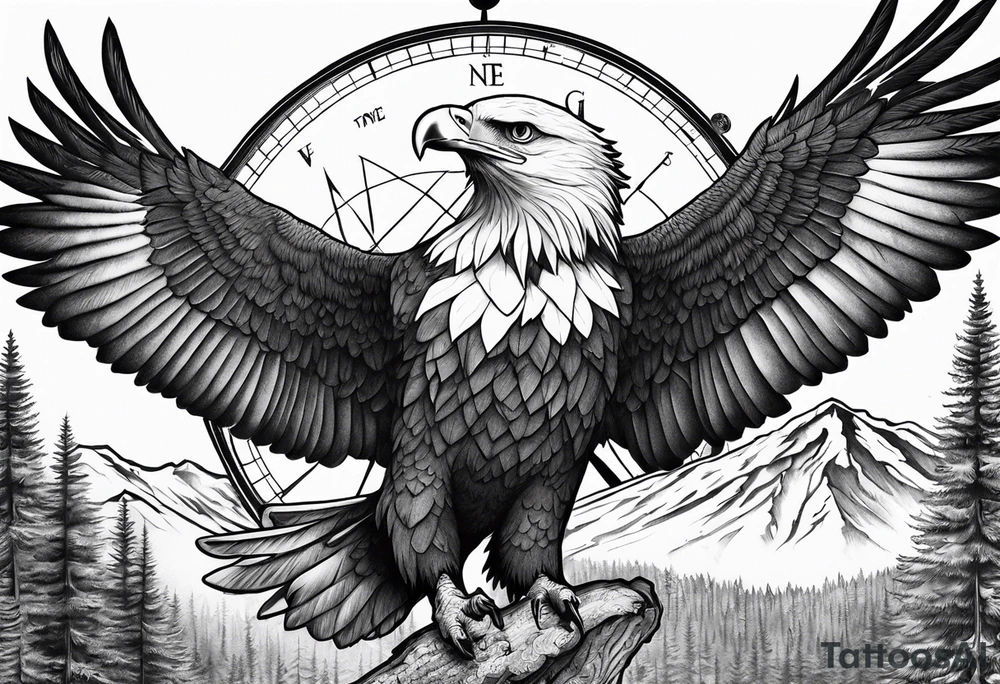 Eagle with forest scenery and compass tattoo idea