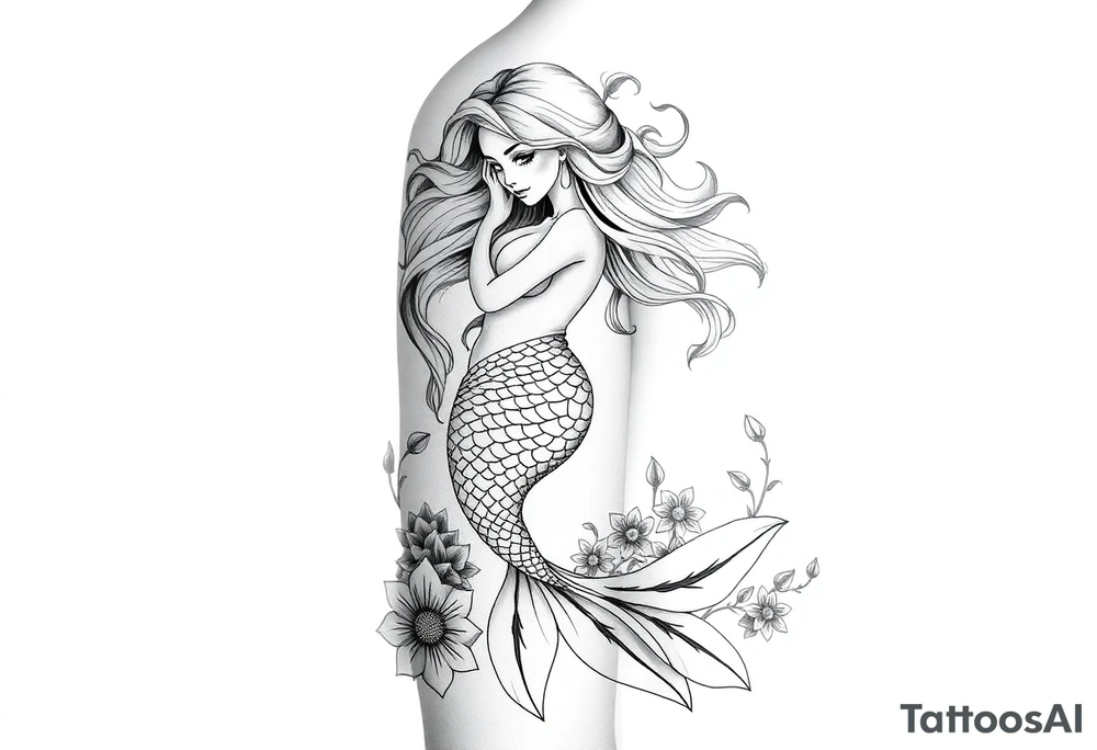 ethereal mermaid with flowing hair among coral and sea flowers tattoo idea