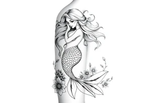 ethereal mermaid with flowing hair among coral and sea flowers tattoo idea