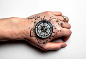 Compass on the hand in the shape of Nigeria with longitude written on the top and latitude written on the bottom. Draw lines from a treasure map connecting from the arm to the tattoo tattoo idea