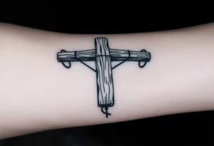 a wooden 12kv distribution pole with electrical lines. Make the pole a cross that has a hidden resemblance to god. tattoo idea