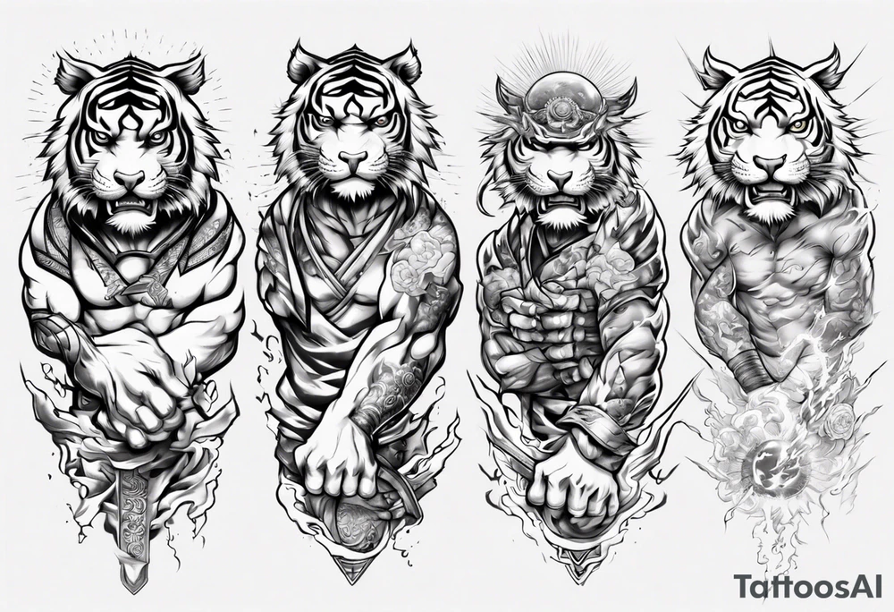 tiger warrior with lightning and the sun for a forearm sleeve tattoo idea