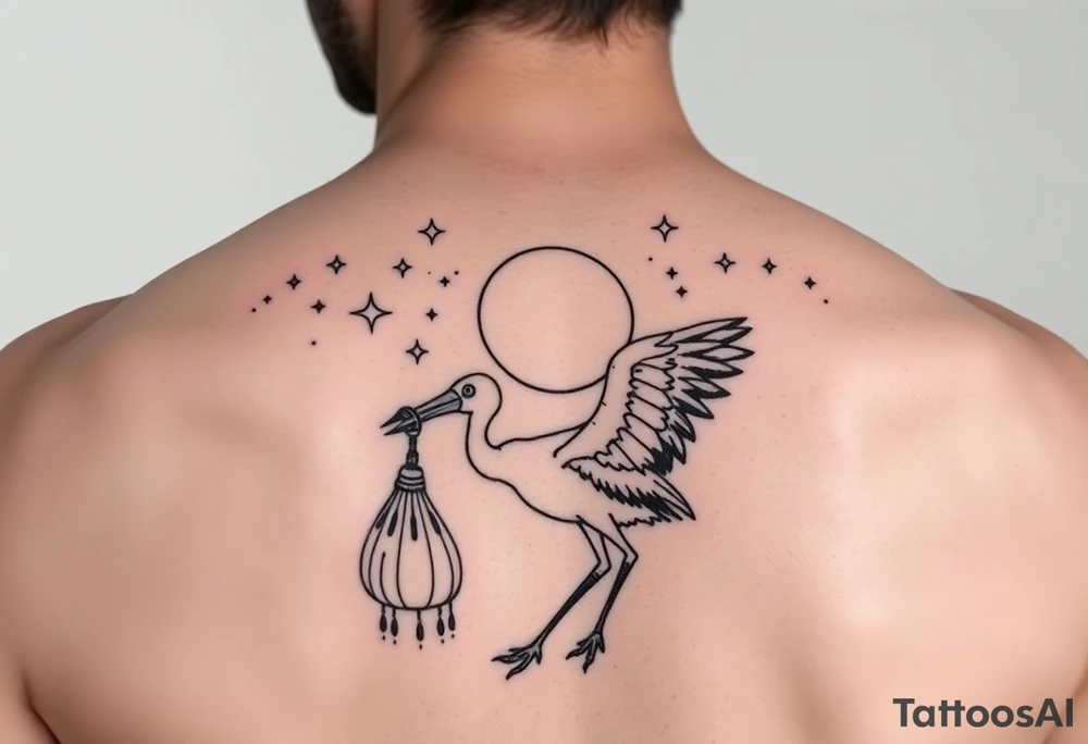 Stork carry bundle towards moon, stars tattoo idea
