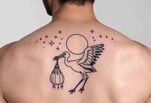 Stork carry bundle towards moon, stars tattoo idea