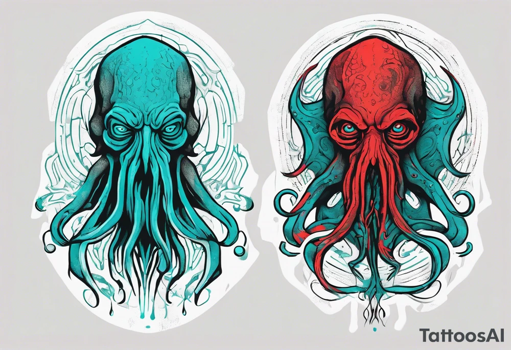 cthulhu, H. P. Lovecraft, old ritual, in the style of abstract portraits, textured pigment planes, red and cyan, stencil art tattoo idea