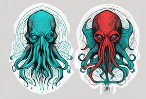 cthulhu, H. P. Lovecraft, old ritual, in the style of abstract portraits, textured pigment planes, red and cyan, stencil art tattoo idea