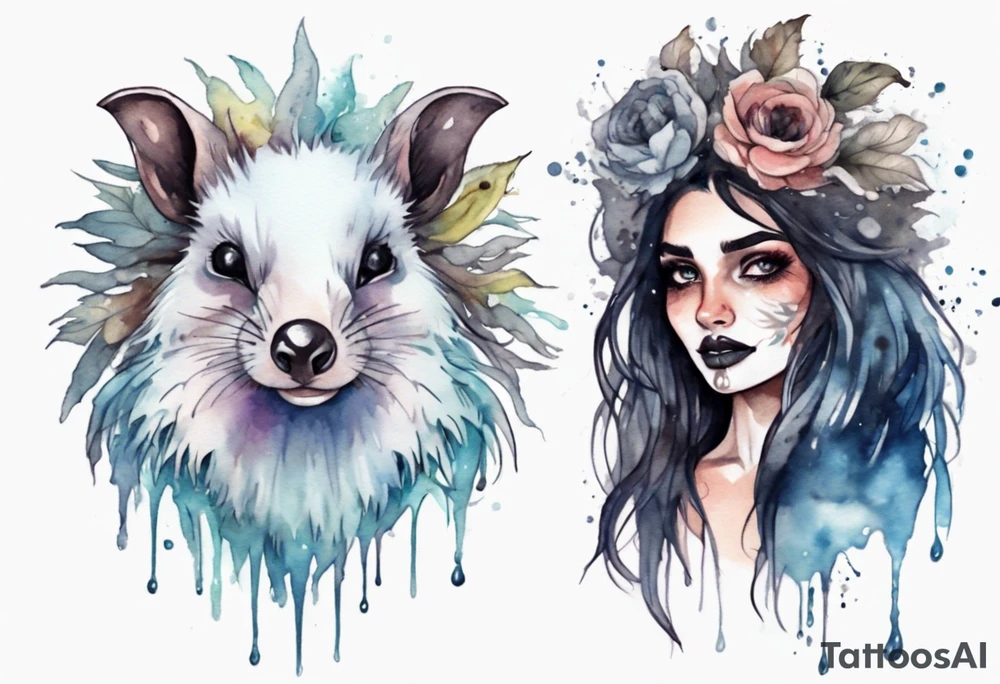 a giant mole woman with large dark eyes white glowing fur and messy of dark hair on its head tattoo idea