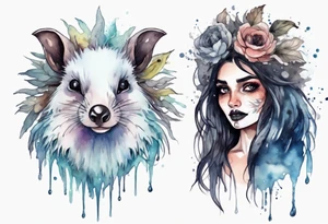 a giant mole woman with large dark eyes white glowing fur and messy of dark hair on its head tattoo idea