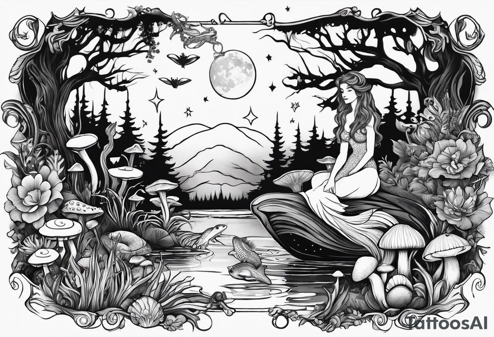 A mermaid under the stars in a swamp with cypress trees, mushrooms, frogs and bugs. tattoo idea