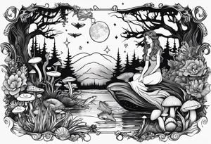 A mermaid under the stars in a swamp with cypress trees, mushrooms, frogs and bugs. tattoo idea