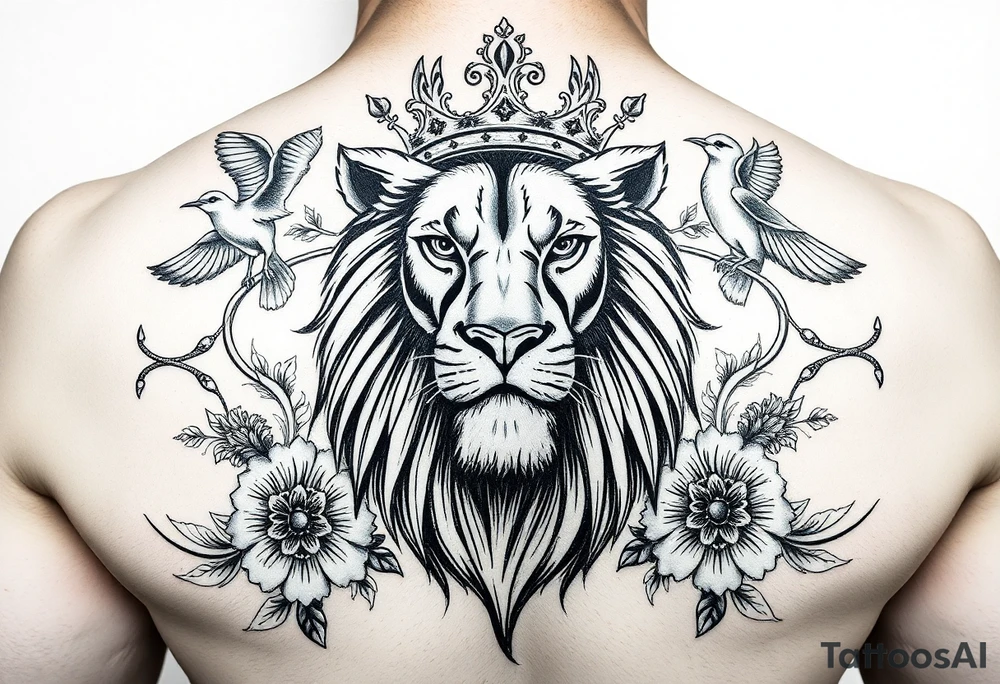 powerful majestic lion with a crown, surrounded by floral ornaments and birds tattoo idea