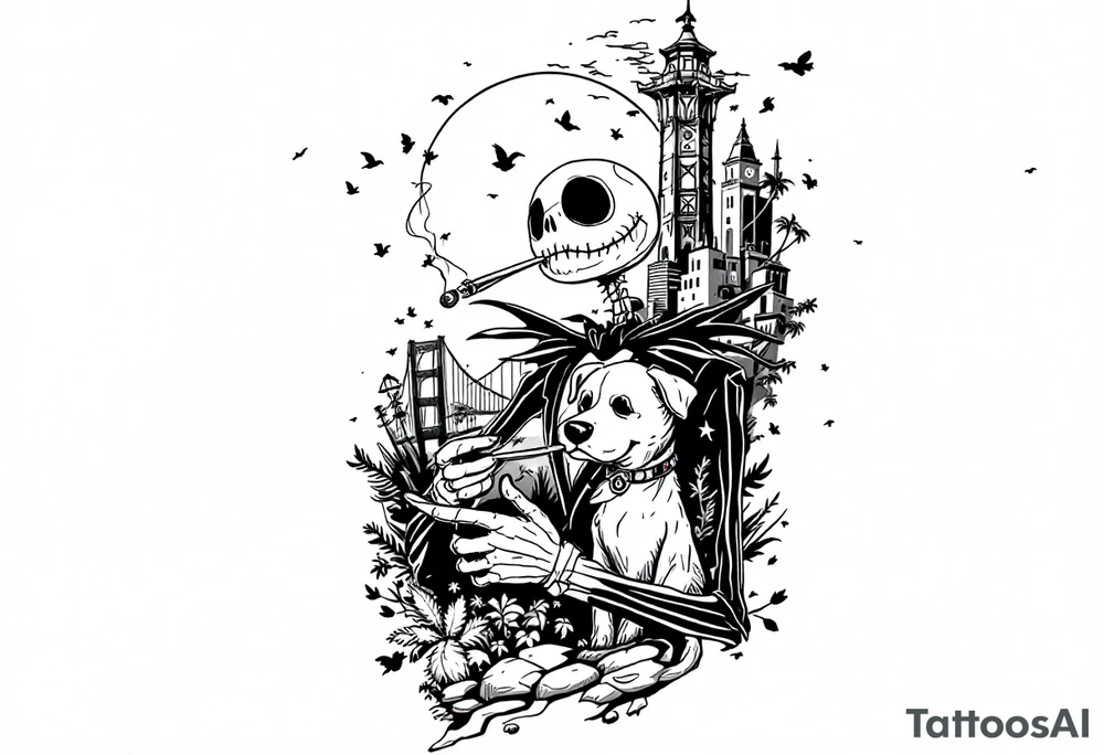 majestic jack skellington with dog,smoking a blunt and fishing,surrounded by city buildings,golden gate bridge, birds, palm trees, tattoo idea