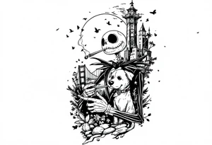 majestic jack skellington with dog,smoking a blunt and fishing,surrounded by city buildings,golden gate bridge, birds, palm trees, tattoo idea