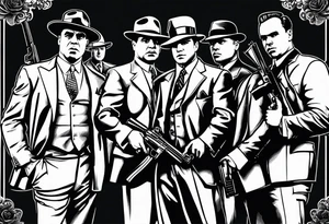 group of gangsters standing together including Al Capone, John Dillinger, Machine Gun Kelley, Bonnie and Clyde along with tommy guns, gatling gun and sawed off shot guns with bullets flying tattoo idea
