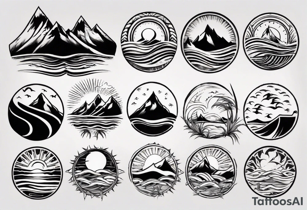mountains, beach, waves, sunset tattoo idea