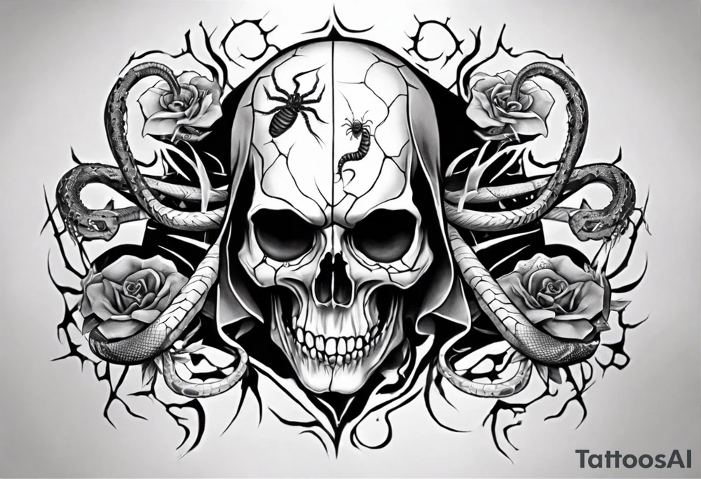 Black skull sleeve tattoo with spiders and snake tattoo idea Black skull sleeve tattoo with spiders and snake tattoo idea