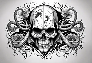 Black skull sleeve tattoo with spiders and snake tattoo idea