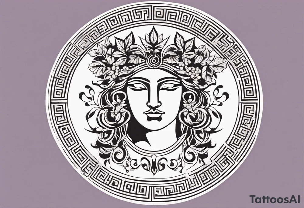 "Design a minimalist round tattoo inspired by ancient Greek art, centered around Dionysus and his love for theater. Create a circular composition with Dionysus depicted in the center, holding a theatrical mask and a goblet of wine. Surround him with simple yet symbolic elements such as grapevines, ivy leaves, or geometric patterns reminiscent of ancient Greek pottery. Ensure the design maintains a minimalist style, with clean lines and limited detail, while capturing the essence of Dionysus's affinity for both wine and theater within the circular frame." tattoo idea