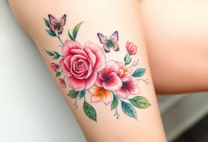 Realistic roses, tulips, and lilies 
and leaves and butterflies with embellishments that goes down and wraps around the leg tattoo idea