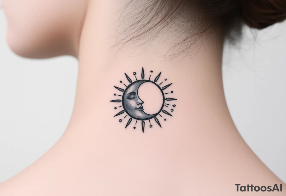 celestial sun and moon embrace with constellation patterns tattoo idea
