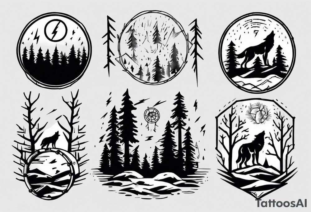 lightning over forest with wolf howling on drum tattoo idea lightning over forest with wolf howling on drum tattoo idea