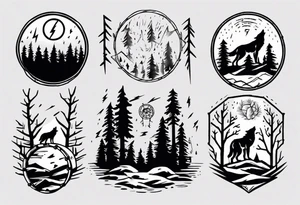 lightning over forest with wolf howling on drum tattoo idea