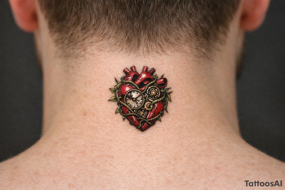 Surreal anatomical heart with exposed clockwork gears, vines entwining the chest. tattoo idea