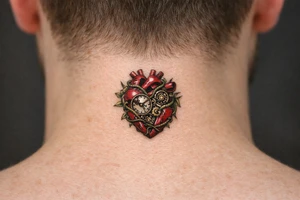 Surreal anatomical heart with exposed clockwork gears, vines entwining the chest. tattoo idea