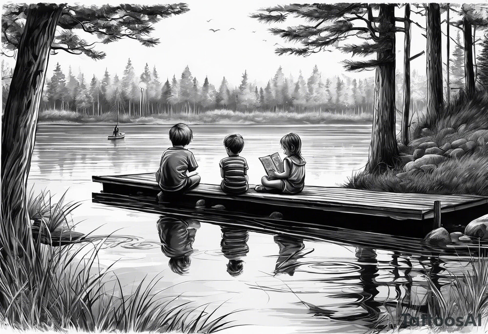 forearm tattoo set on a dock on a lake. There is a little boy sitting next to a little girl. The little boy is fishing and the little girl is reading. There are trees surrounding the lake. tattoo idea