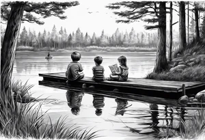 forearm tattoo set on a dock on a lake. There is a little boy sitting next to a little girl. The little boy is fishing and the little girl is reading. There are trees surrounding the lake. tattoo idea