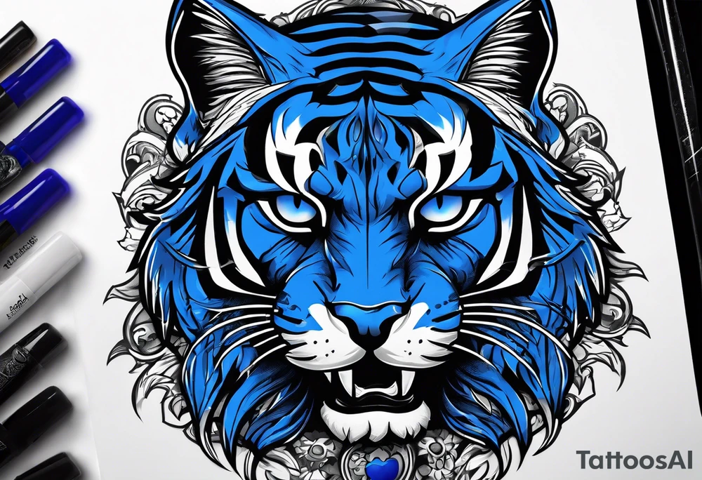 blue wildcat in football attire  morphing into jfootball game night half of the face is a black male school student tattoo idea