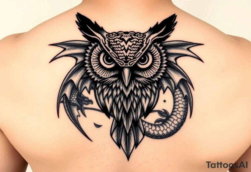 Magnetic owl surrounded by beautiful dragon tattoo idea