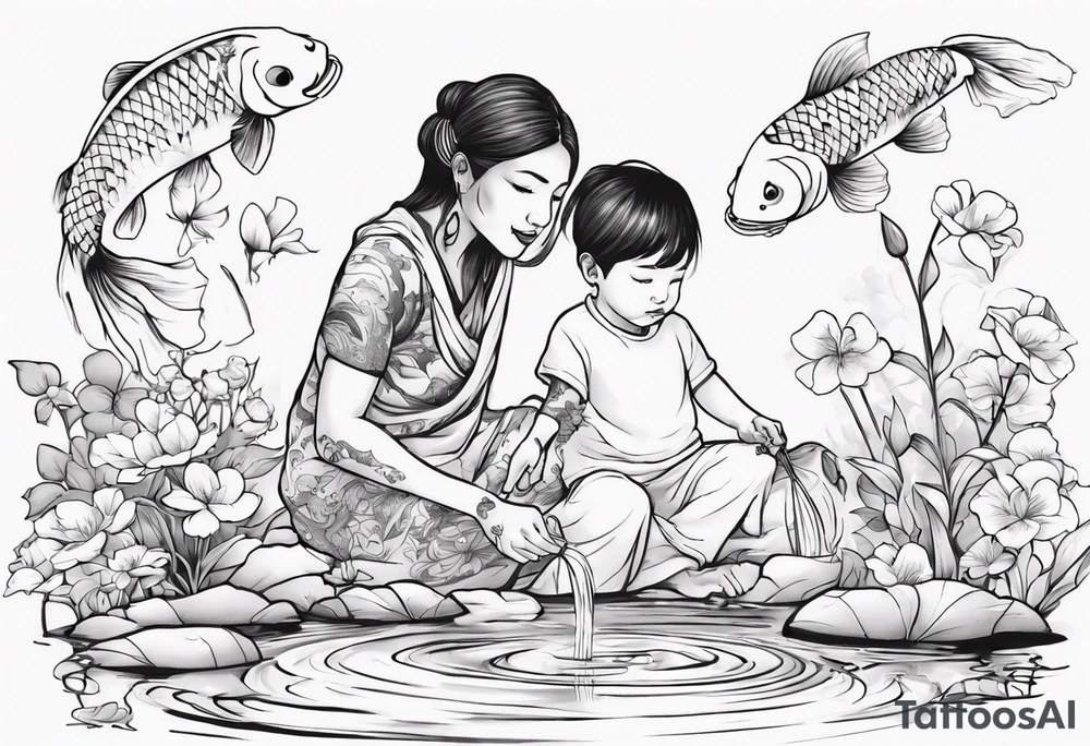 ethnic 
woman and little boy, watering sweet pea flowers cascading down, surrounding a pond with 2 koi fish swimming tattoo idea