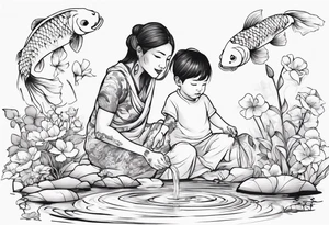 ethnic 
woman and little boy, watering sweet pea flowers cascading down, surrounding a pond with 2 koi fish swimming tattoo idea