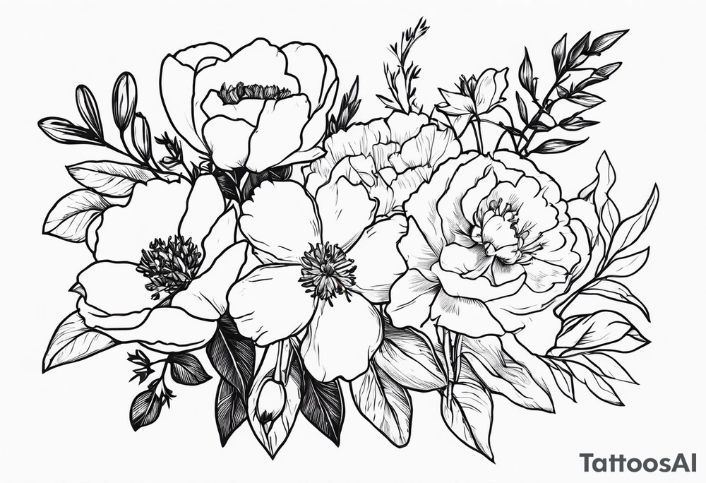 small minimal flower bouquet with a peony, larkspur, rose, and daffodil with stems showing tattoo idea