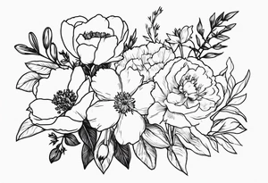 small minimal flower bouquet with a peony, larkspur, rose, and daffodil with stems showing tattoo idea