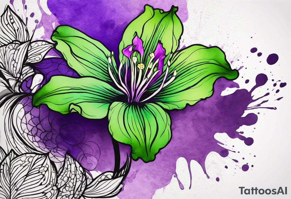 A mystical outline of a green and purple rio dipladenia flower and a green and purple watercolor splash in the background tattoo idea