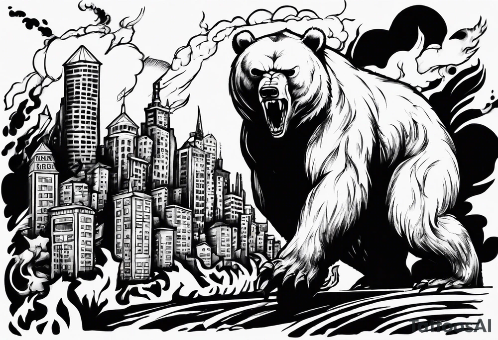 Angry bear coming up behind a city tattoo idea
