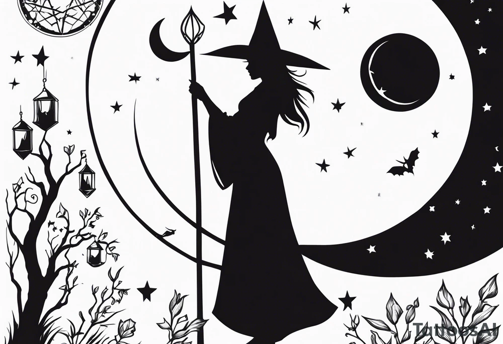 witch, fantasy, broom, cat, Harry Potter, charmed, moons,wicca tattoo idea